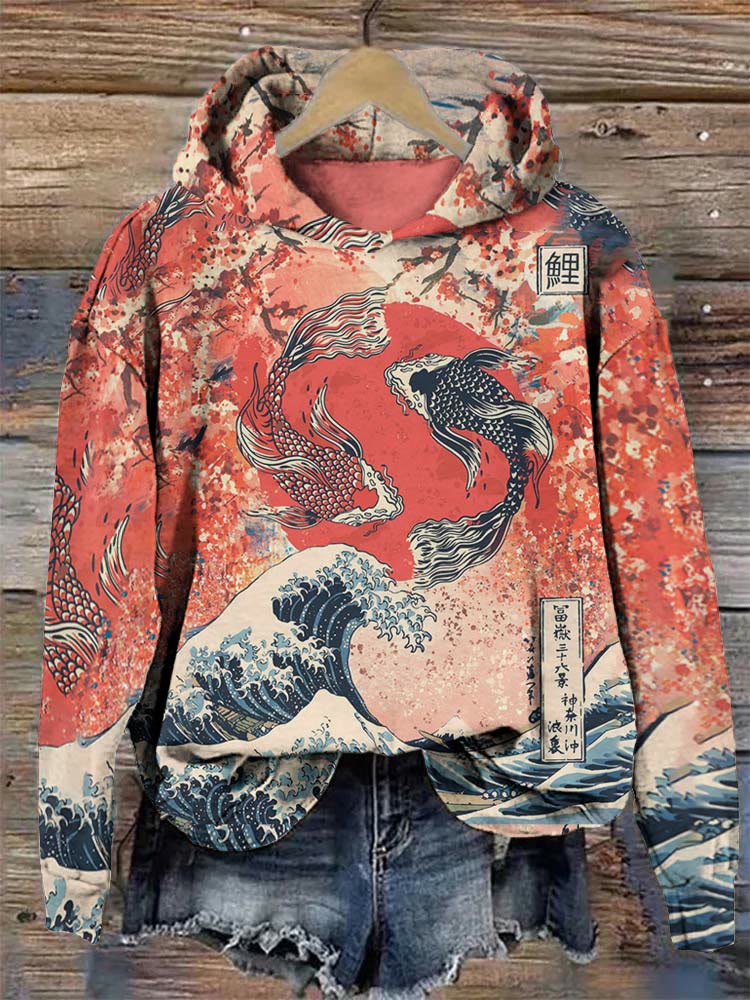 Japanese Koi Wave Print Hoodie