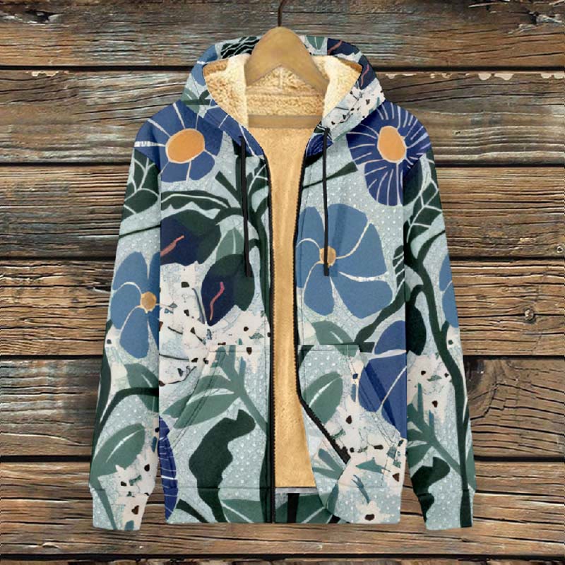 Women's Retro Abstract Cartoon Floral Art Print Fleece Jacket - image 2