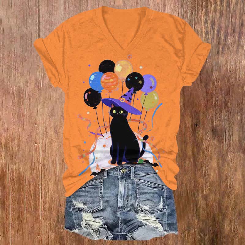 Halloween Wizard Cat With Colorful Balloons Print V-neck T-shirt - Orange - US32-34(5XL) - image 4