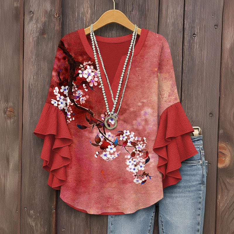 Japanese Antique Pear Blossom Ink Painting Print V-neck Half Sleeve Blouse - Red - 5XL - image 4