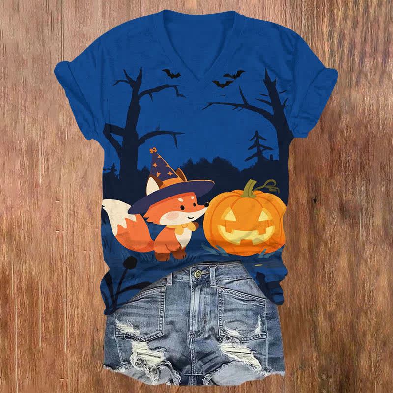 Halloween Night Cute Wizard Fox & Pumpkin Art Print V-neck T-shirt - Blue - US32-34(5XL) - image 3