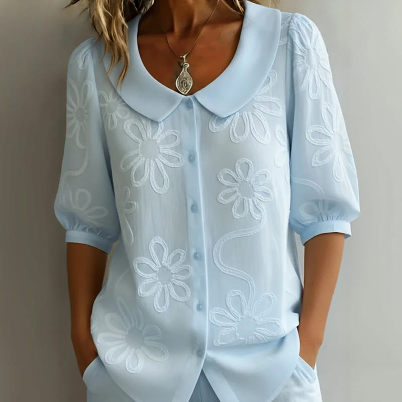Casual Floral Print Half-sleeve Shirt - Light Blue - US20-22(2XL) - image 4