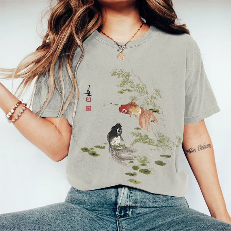 100% Cotton Japanese Koi Art Print Casual T-shirt - Warm Grey - 2XL - image 9