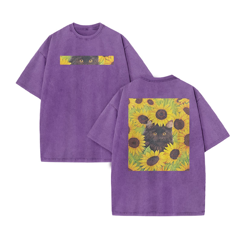 A Black Cat Hidden Among Clusters Of Sunflowers Print Acid Washed T-shirt - Purple - US20-22(3XL) - image 7