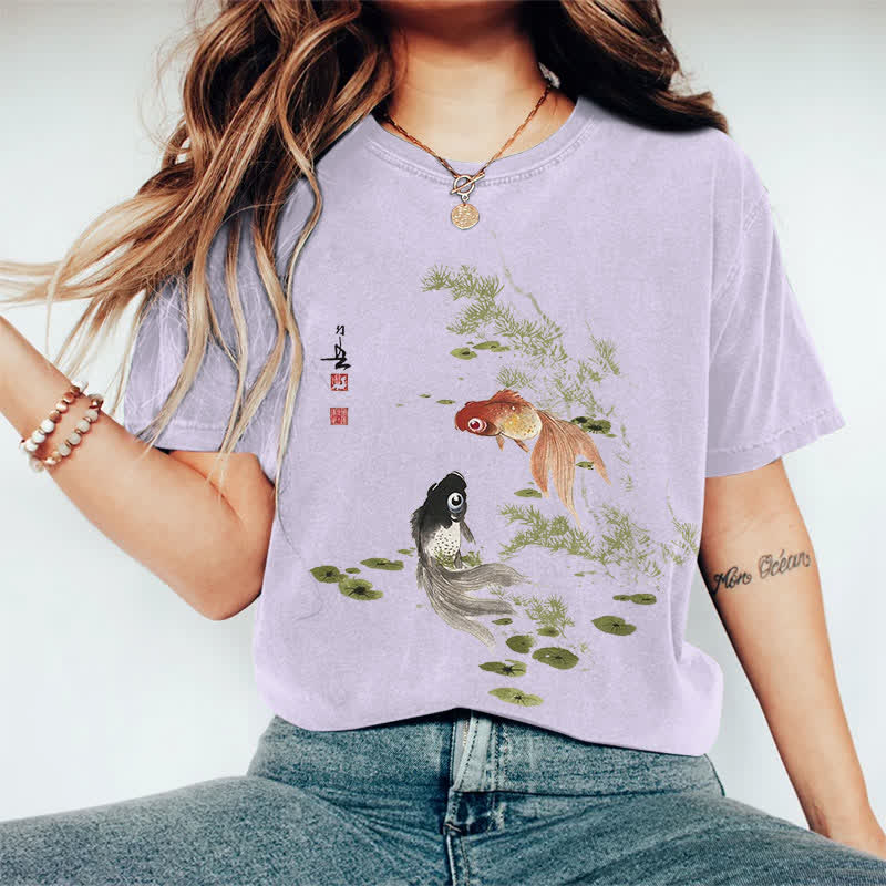 100% Cotton Japanese Koi Art Print Casual T-shirt - Purple - 2XL - image 10