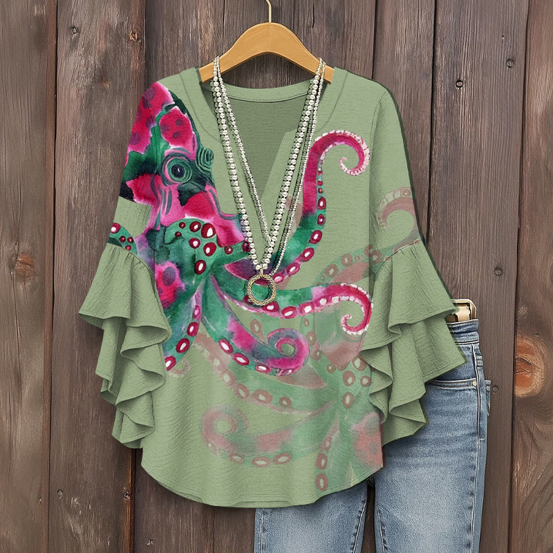 Watercolor Art Octopus Pattern Print V-neck Half Sleeve Blouse - Light Green - 5XL - image 4