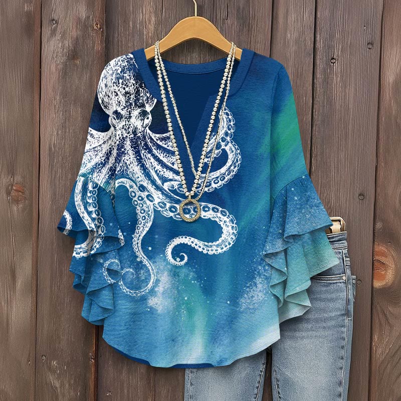 Vintage Aurora Abstract White Octopus Art Print V-neck Half Sleeve Blouse - Blue - 5XL - image 3