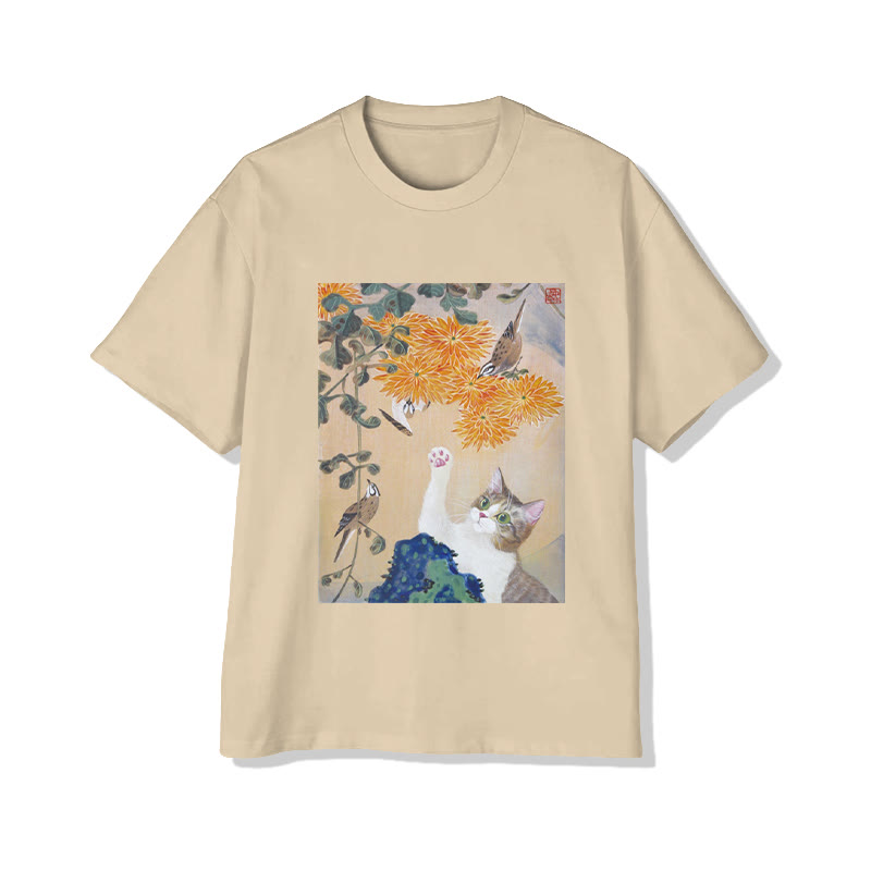 Unisex Cat And Chrysanthemum Garden Art Print Short Sleeved Crew Neck T-Shirt - Apricot - 2XL - image 4
