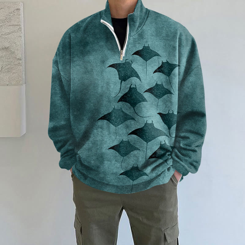 Men's Vintage Manta Ray Art Print Long Sleeve Zipper Sweatshirt - Blue - 5XL - image 4