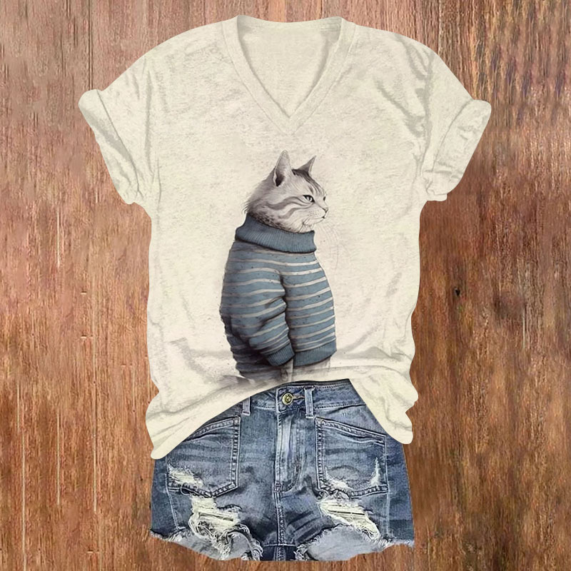 Cute Striped Sweater Cat Print V-neck T-shirt