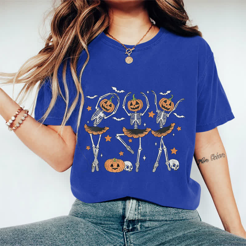 100% Cotton Women's Halloween Creative Dancing Pumpkin Skeleton Art Print Casual T-shirt - Blue - 2XL - image 7
