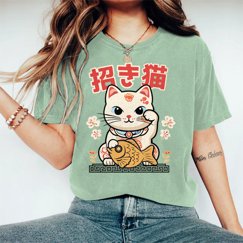 100% Cotton Women's Japanese Lucky Cat Art Print Casual T-shirt - Green - 2XL - image 3