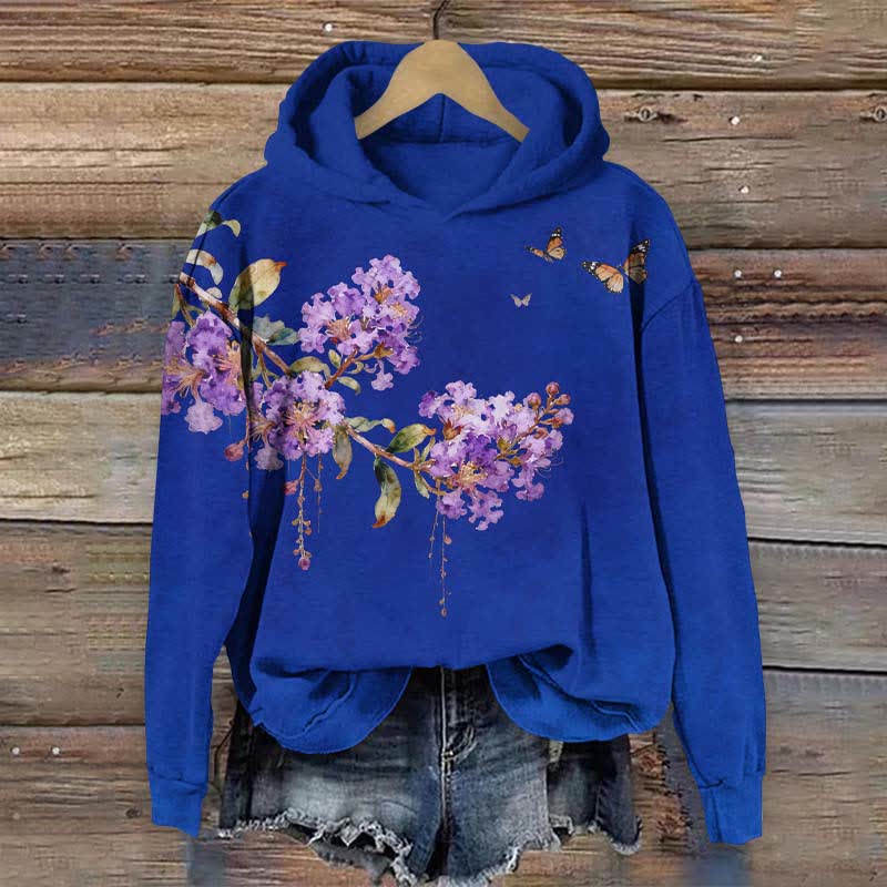 Vintage Crape Myrtle Flower Art Print Long Sleeve Hoodie - Blue - US44-46(8XL) - image 5