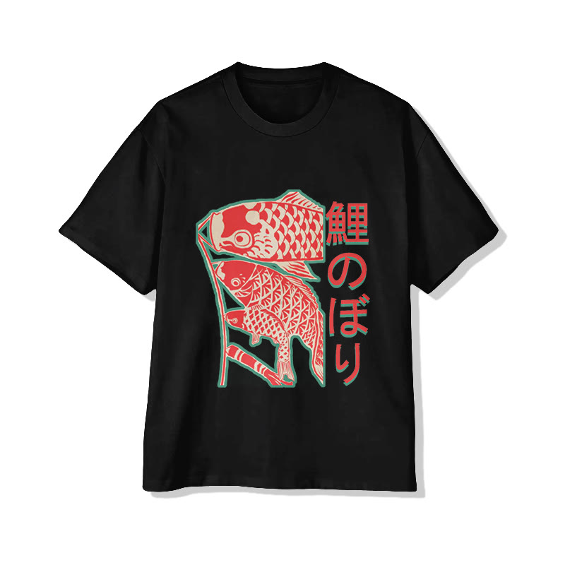 Unisex Japanese  Funny Carp Streamer  Art Pattern Cotton Print T-shirt - Black - US20-22(3XL) - image 3