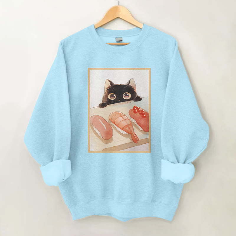 100% Cotton Cute Cat Watching Sushi Print Round Neck Casual Fleece Sweatshirt - Blue - 2XL - image 4