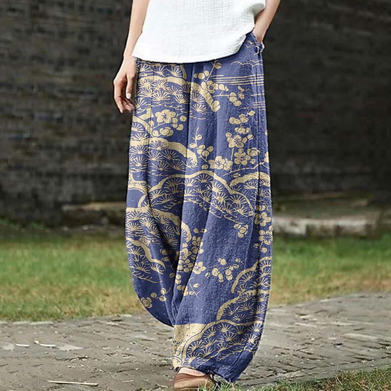 Women's Japanese Art Plum Blossom Print Casual Pants
