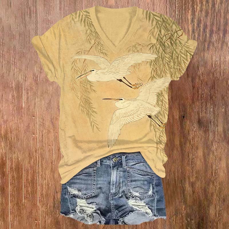 Vintage White Stork & Willow Print V-neck T-shirt - Yellow - US32-34(5XL) - image 2