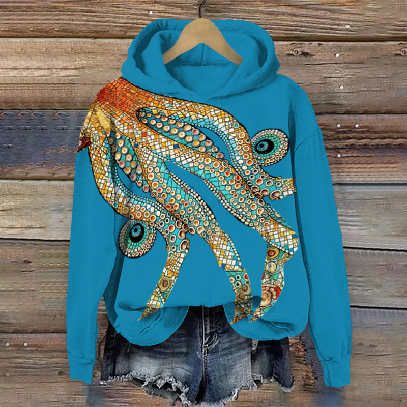 Retro Ethnic Gemstone Octopus Tentacles Art Print Long Sleeve Hoodie - Blue - US44-46(8XL) - image 4