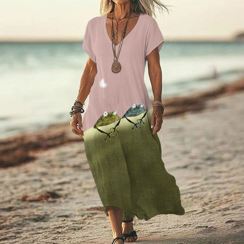 Simple Frog Color Block Print V-neck Dress - Pink - 6XL - image 2