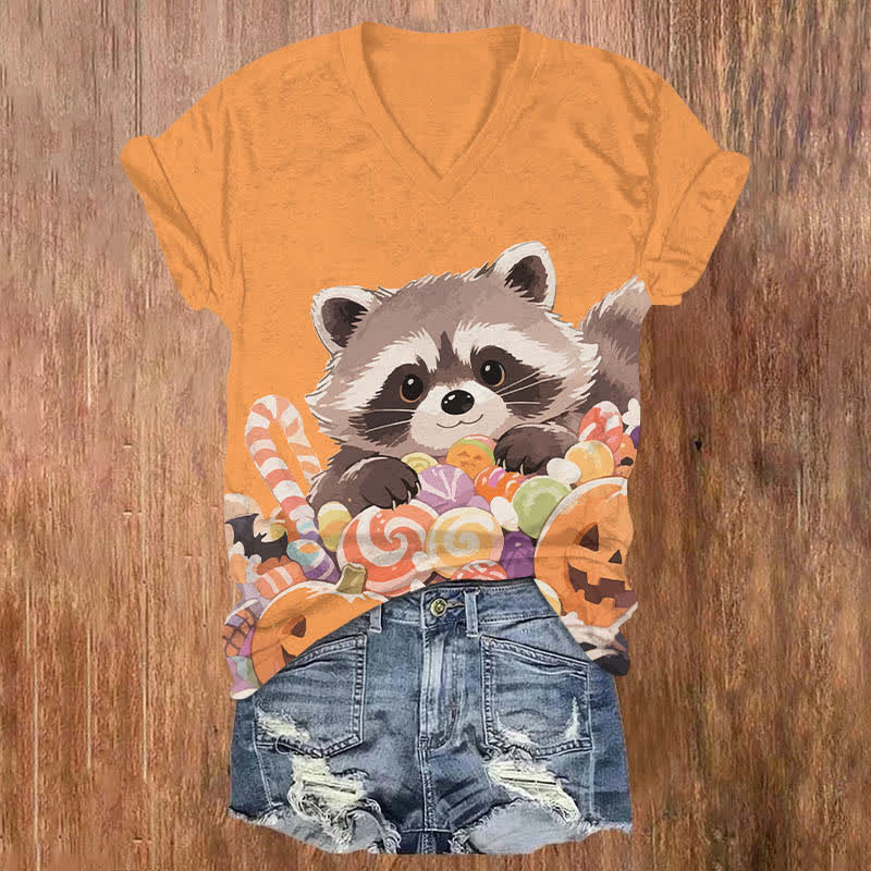 Halloween Raccoon With Colorful Candies Art Print V-neck T-shirt - Orange - US32-34(5XL) - image 3