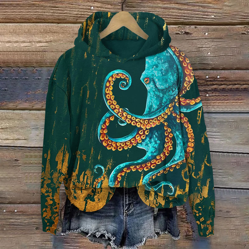 Mysterious Original Octopus Art Print Long Sleeve Hoodie - Green - US44-46(8XL) - image 2