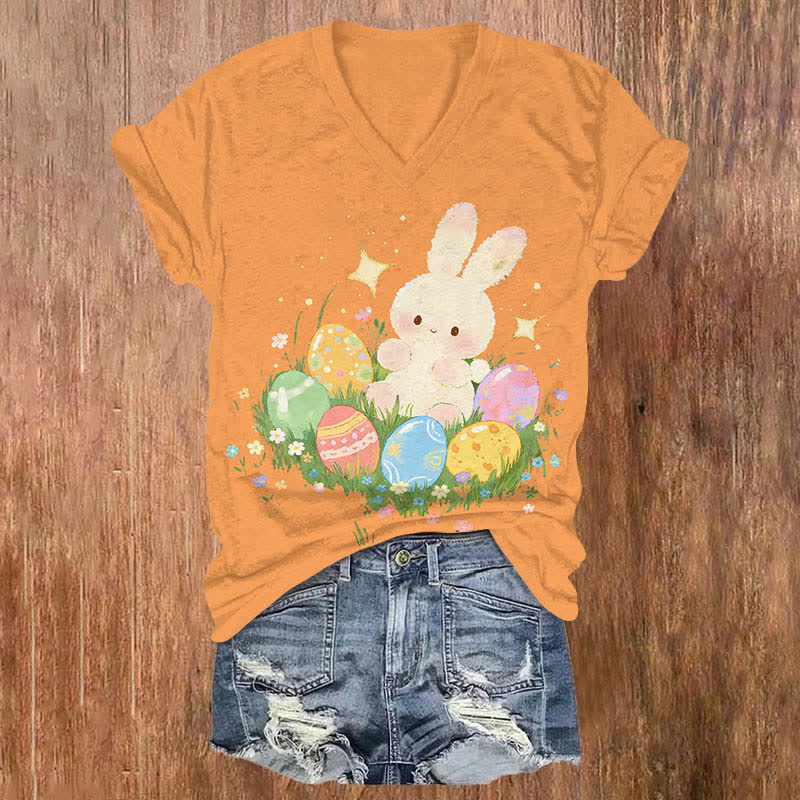 Lovely Bunny & Colorful Easter Egg Print V-neck T-shirt - Orange - US32-34(5XL) - image 3