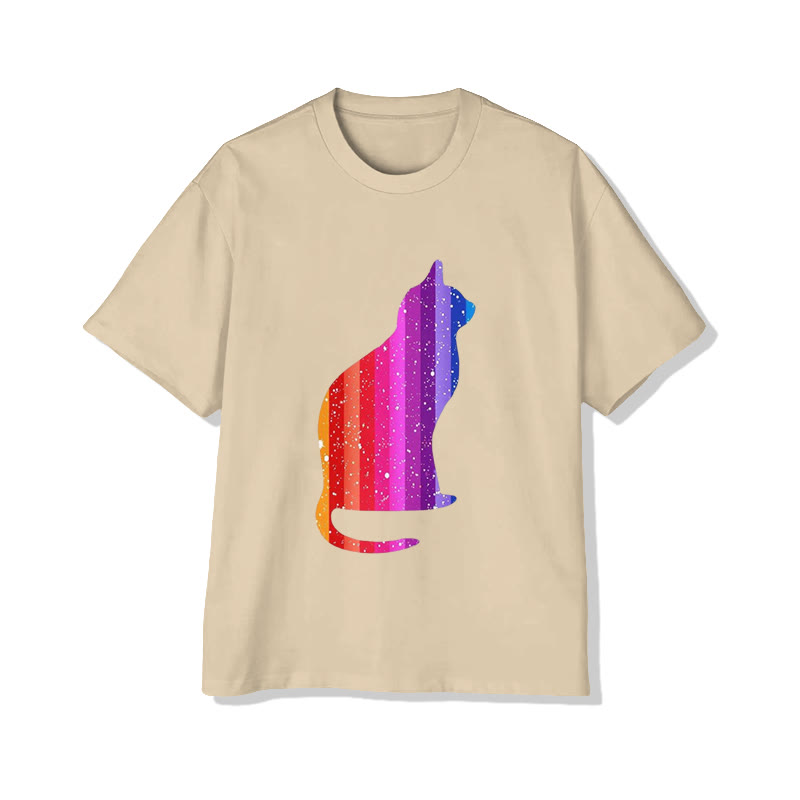 Unisex Vertical Rainbow Cat Print Short Sleeved Crew Neck T-shirt - Apricot - 2XL - image 3