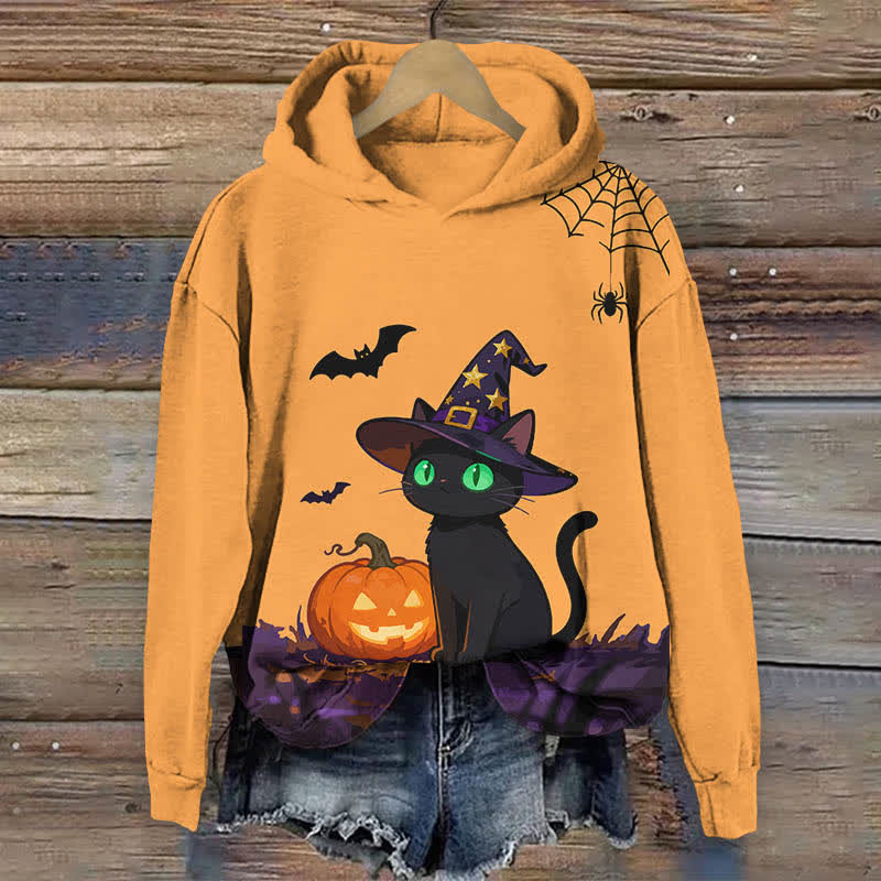 Halloween Wizard Black Cat & Pumpkin Print Long Sleeve Hoodie - Orange - US44-46(8XL) - image 2