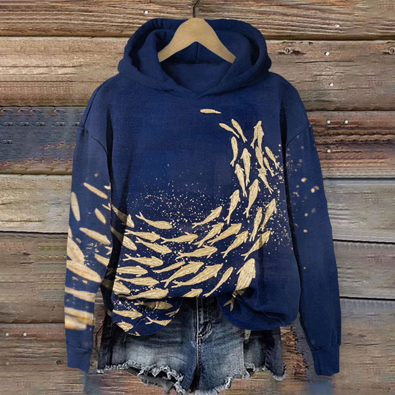 Art Oil Painting School Of Fish Painting Long Sleeve Hoodie - Dark Blue - 8XL - image 1