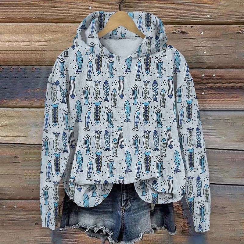 Cute Fish Print Long Sleeve Hoodie - Blue - 8XL - image 2