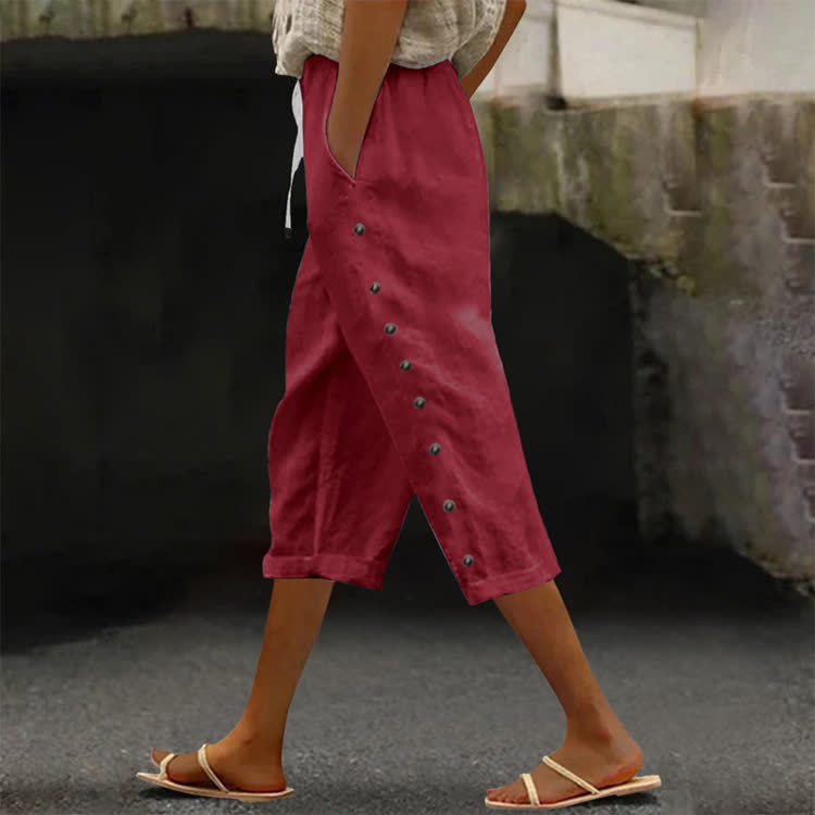 Cozy Solid Button Pocket Mid Short Pants  - Red - 2XL - image 9