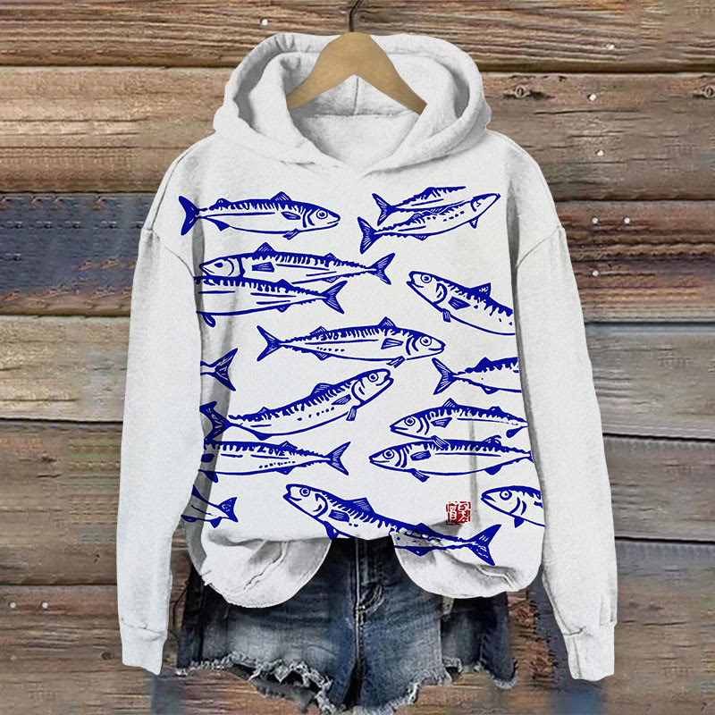 Japanese Sardine Fish School Print Long Sleeve Hoodie - White - 8XL - image 2