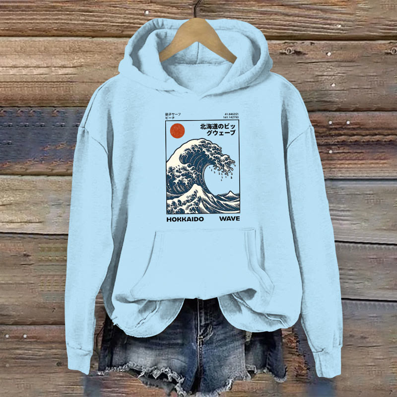 100% Cotton Hokkaido Wave Japanese Design Print Women's Hoodie - Blue - 2XL - image 2