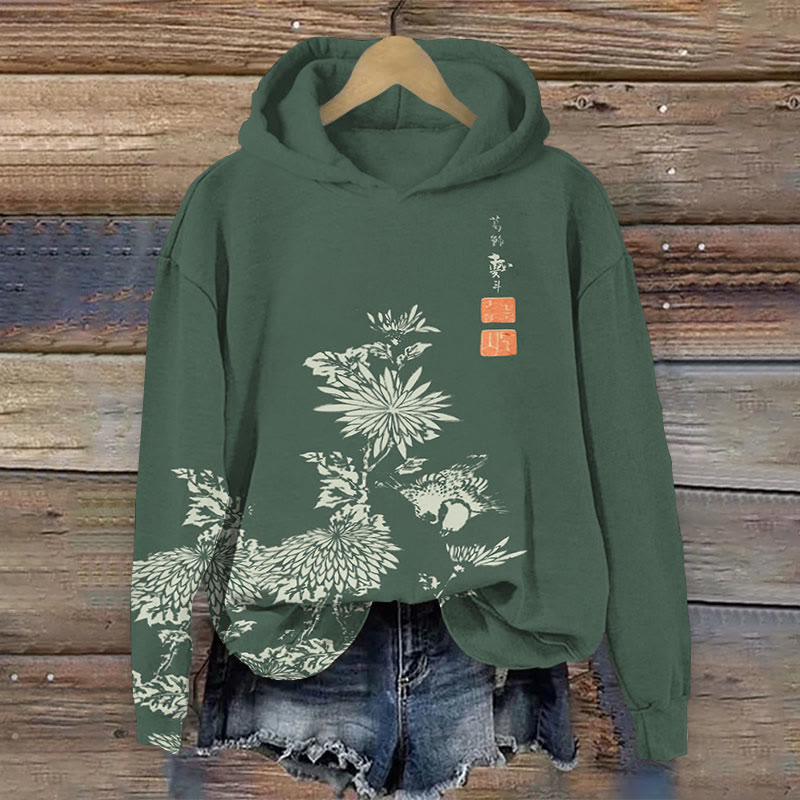 Vintage Chrysanthemum Print Long Sleeve Hoodie - Green - 8XL - image 3