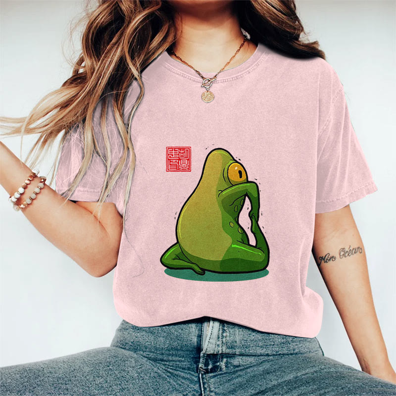 100% Cotton Funny Frog Yoga Art Print Casual T-shirt - Pink - 2XL - image 2