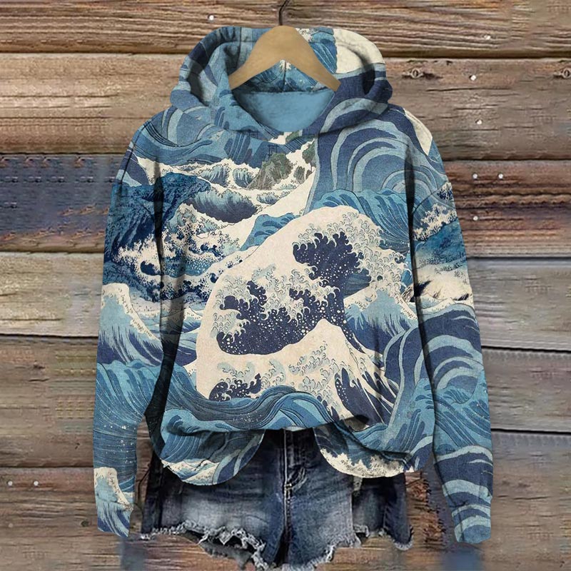 Sea Waves Art Paint Long Sleeve Hoodie - Blue - 8XL - image 1