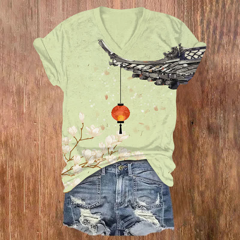 Japanese Blossom & Lantern Art Print V-neck T-shirt - Light Green - US32-34(5XL) - image 4