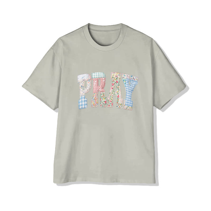 Vintage Floral Pray Christian Pattern Print Short Sleeved Round Neck Cotton T-shirt - Warm Grey - US28-30(4XL) - image 5