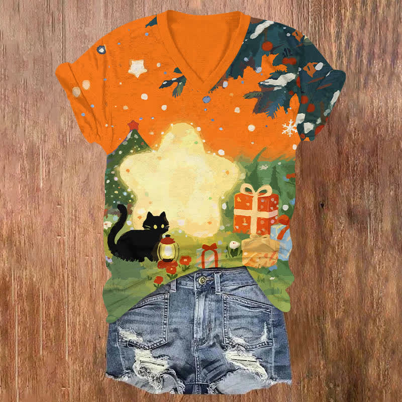 Oil Painting Black Cat Starry Christmas Gift Art Print V-neck T-shirt - Orange - US32-34(5XL) - image 4