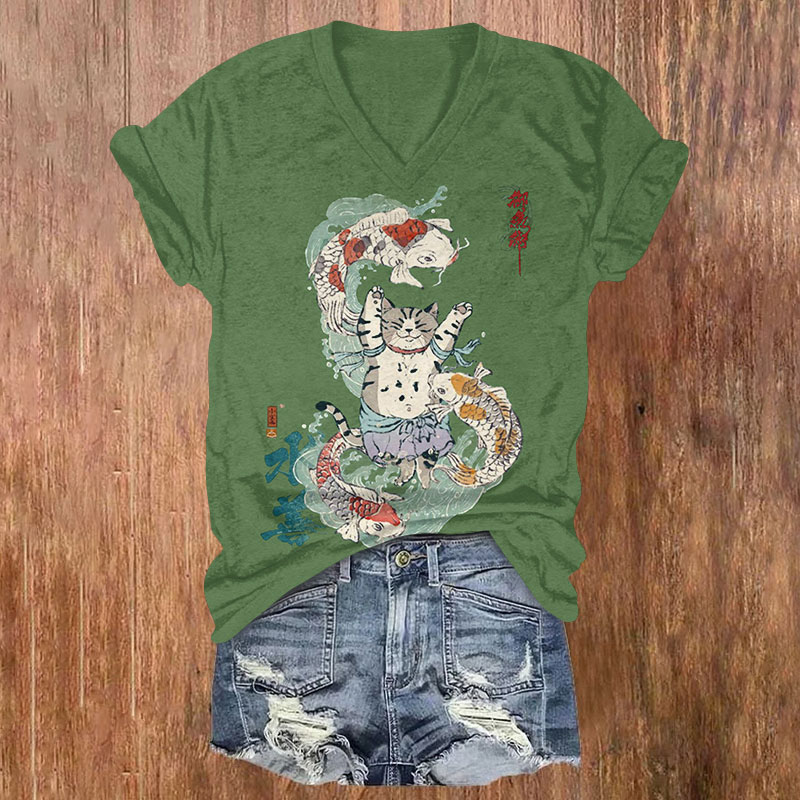 Japanese Koi Swimming Around The Cat Print V-neck T-shirt - Green - US32-34(5XL) - image 3