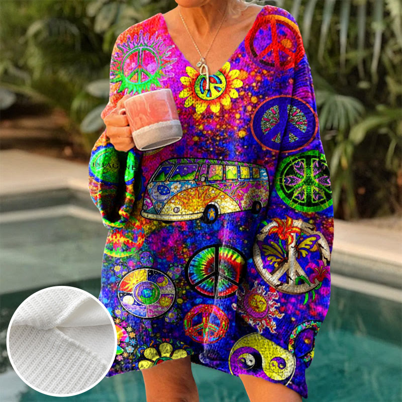 Ombre Love And Peace Hippie Floral Bus Print V-neck Pullover Sweater - image 2