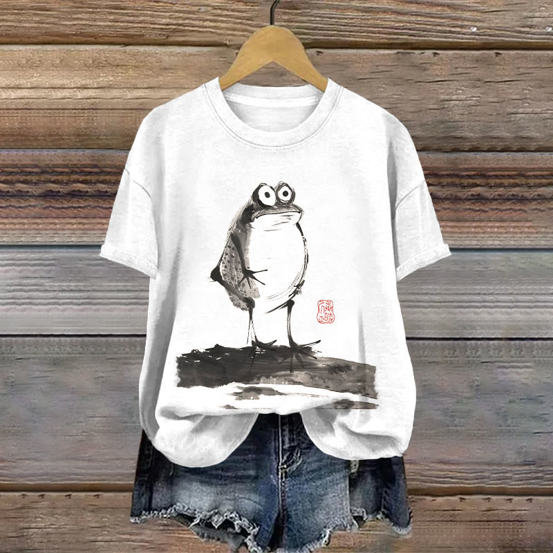 100% Cotton Japanese Retro Funny Frog Print T-shirt