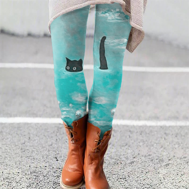 Women's Oil Painting Cat Print Leggings - Lake Blue - 5XL - image 3