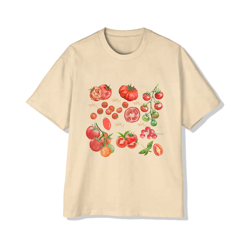 Vintage Tomato Print Pattern Cotton Print T-shirt - Apricot - US20-22(3XL) - image 4