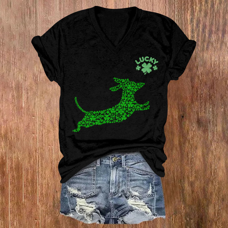 St. Patrick's Day Four-leaf Clover Dog Print Short Sleeved V-neck T-shirt - Black - US32-34(5XL) - image 3