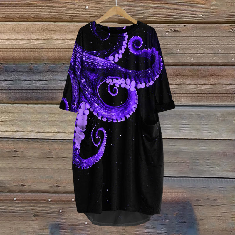 Three-dimensional Creative Octopus Print Crew Neck Dress - Purple - 8XL - image 4
