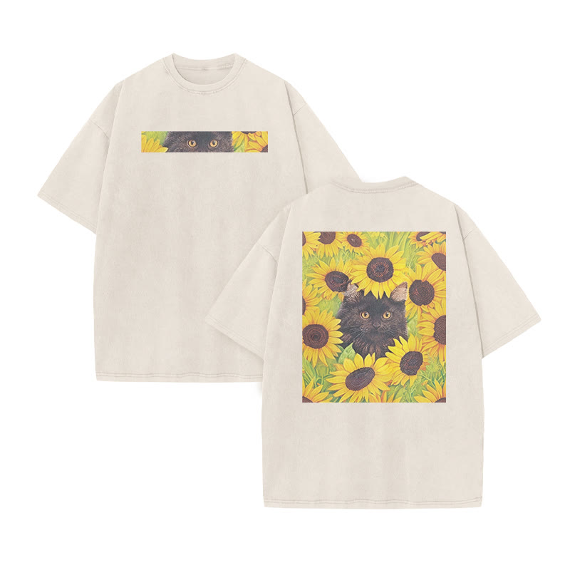 A Black Cat Hidden Among Clusters Of Sunflowers Print Acid Washed T-shirt - Beige - US20-22(3XL) - image 3
