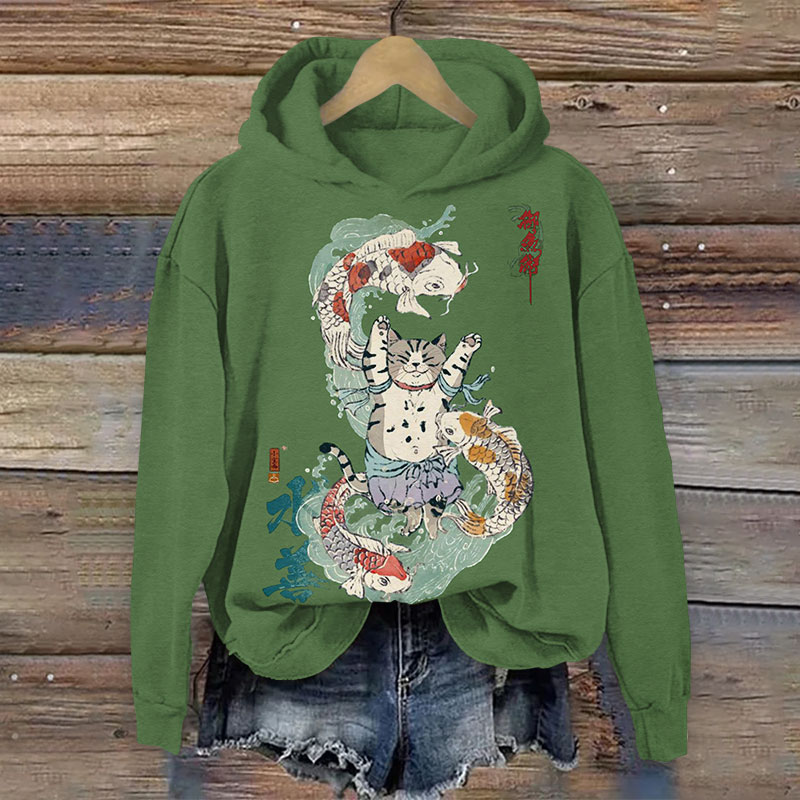 Japanese Koi Swimming Around The Cat Print Long Sleeve Hoodie - Green - US44-46(8XL) - image 3