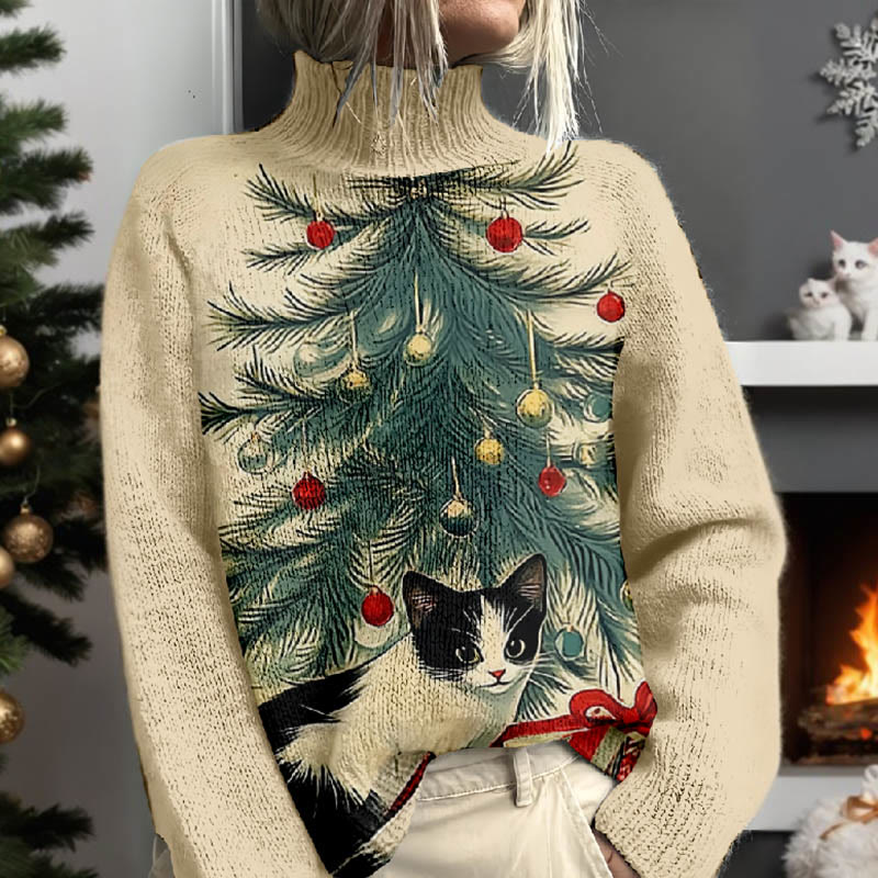 Women's Lovely Cat & Christmas Tree Bells Print Turtleneck Pullover Sweater - image 2
