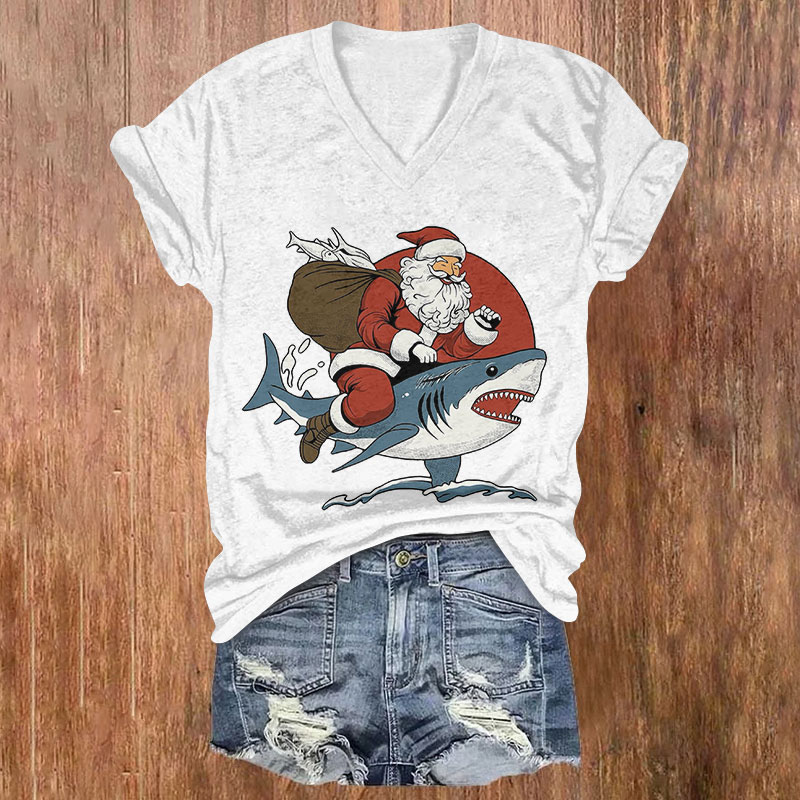 Santa Claus Riding A Shark Christmas Print V-neck T-shirt - White - US32-34(5XL) - image 5